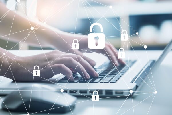 internet security data protection concept hands laptop