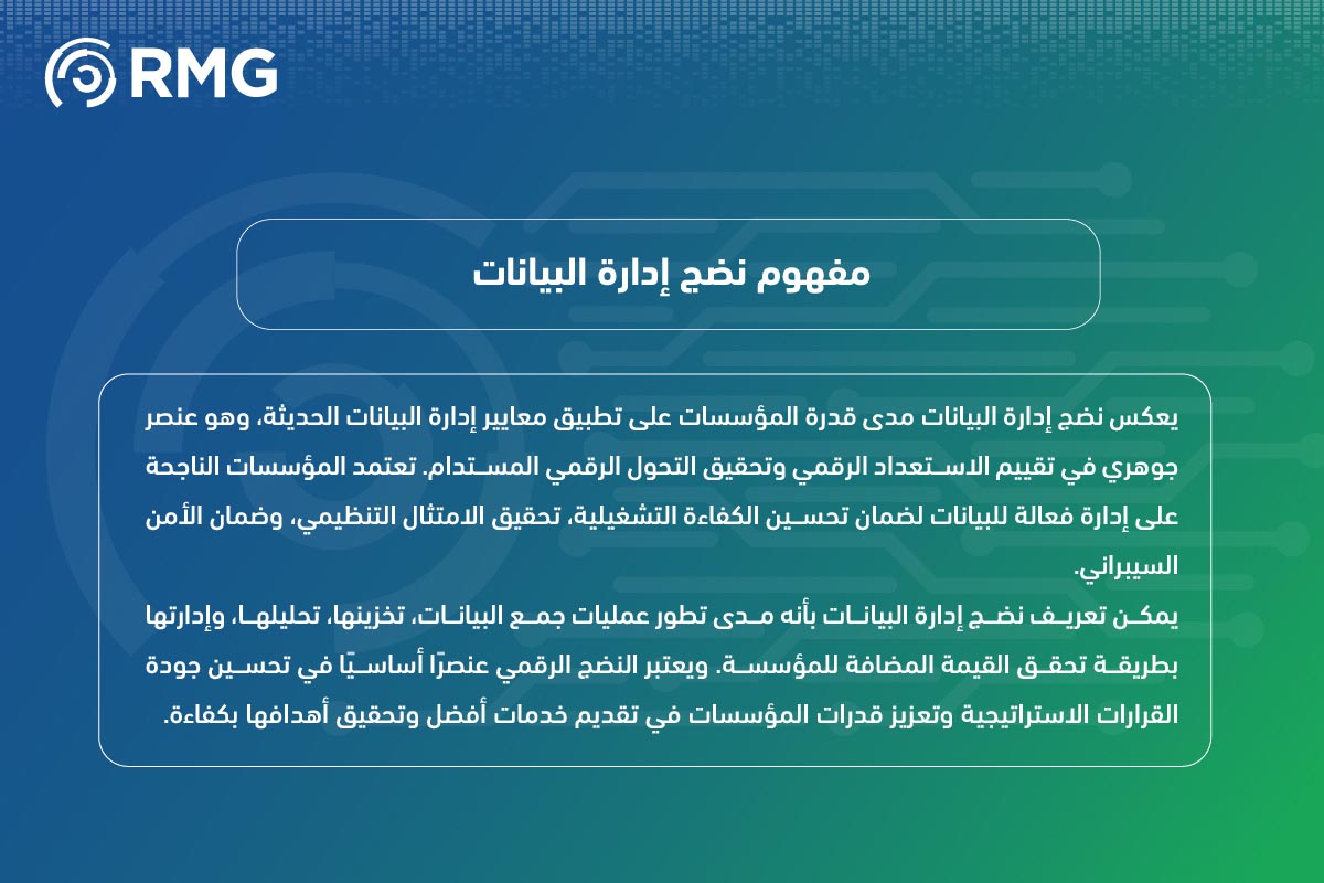 قياس نضج إدارة البيانات وفقًا لمؤشر نضيء: دور شركة ريناد المجد(RMG) في دعم المؤسسات وتحقيق أفضل النتائج 2 قياس نضج إدارة البيانات وفقًا لمؤشر نضيء 04