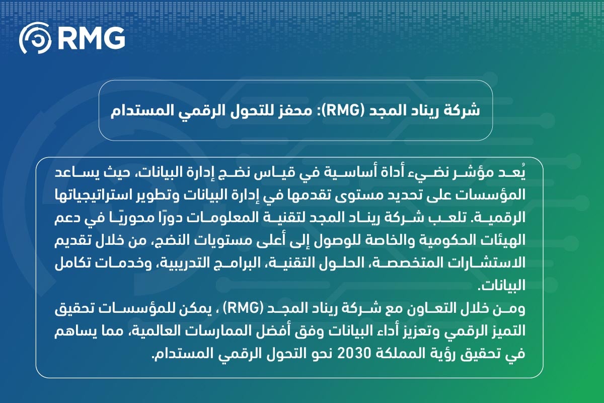 قياس نضج إدارة البيانات وفقًا لمؤشر نضيء: دور شركة ريناد المجد(RMG) في دعم المؤسسات وتحقيق أفضل النتائج 7 قياس نضج إدارة البيانات وفقًا لمؤشر نضيء 10 10